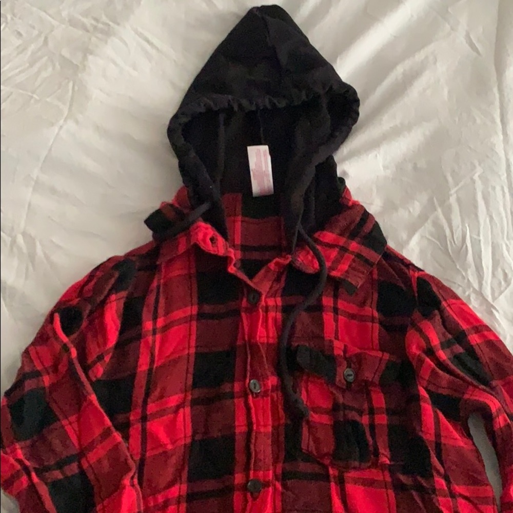 Buffalo plaid hooded button up